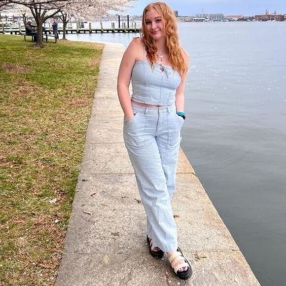 AE Light Blue Pin Stripe Vintage Wash Railroad Denim Cropped Spaghetti Top - Picture 14 of 17